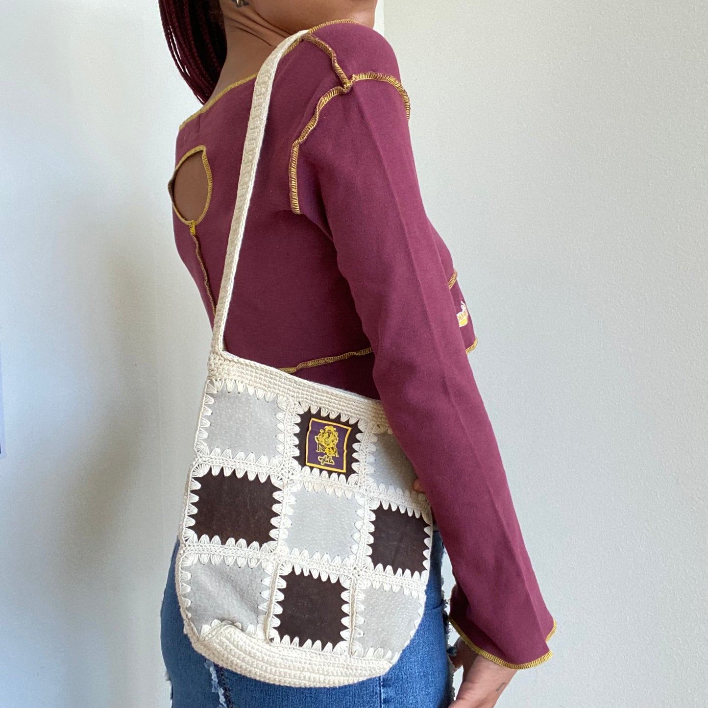 Vintage 90's Hippie Patchwork Crochet and Leather Crossbody Bag