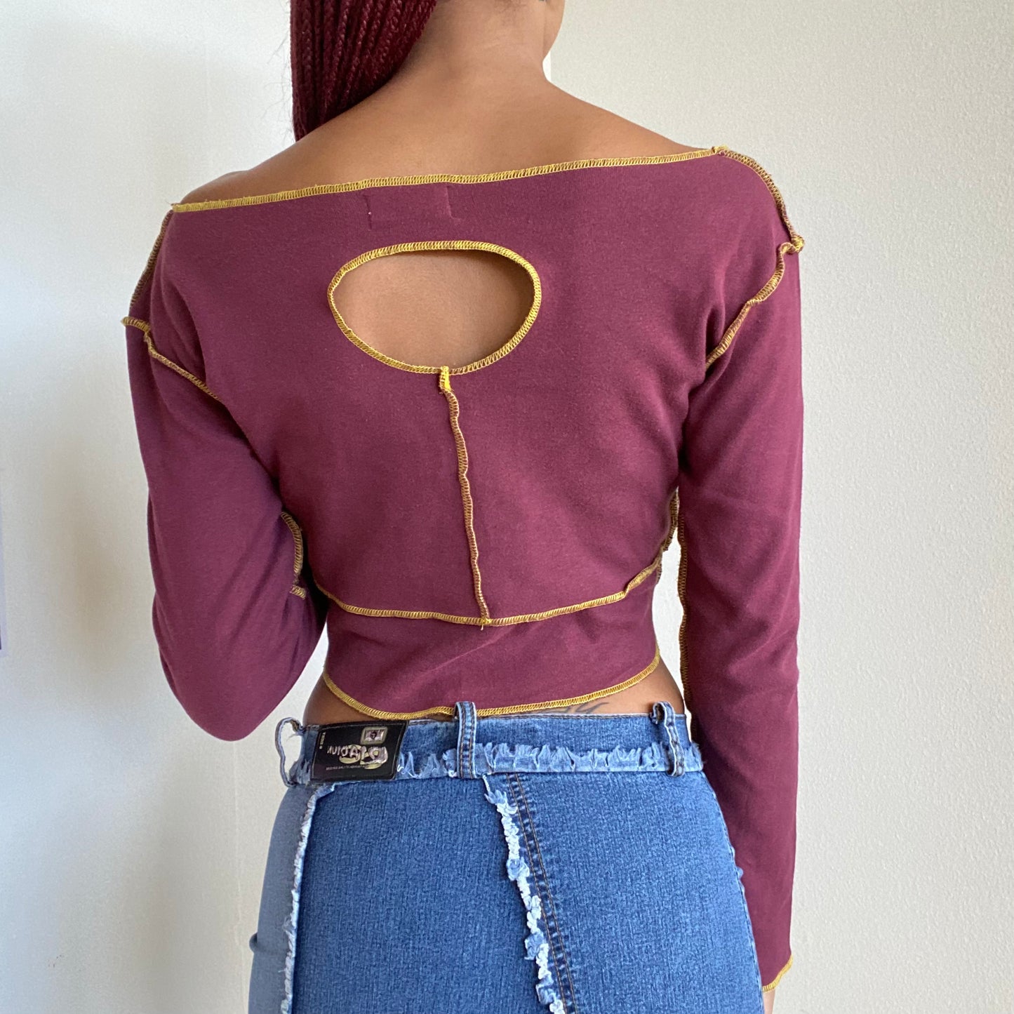 Vintage 90's Rave Bordeaux Red Zip Up Longsleeve with Keyhole Back Detail (S/M)