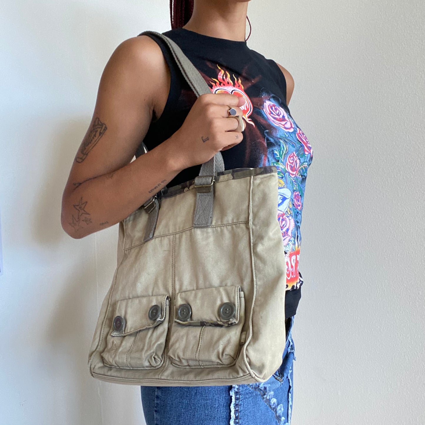 Vintage 90's Skater Beige Cargo Tote Bag With Small Pockets