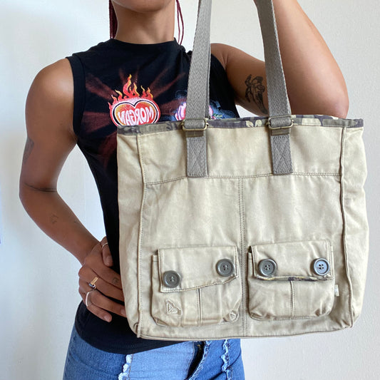 Vintage 90's Skater Beige Cargo Tote Bag With Small Pockets