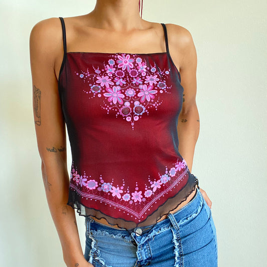 Vintage 90’s Whimsigoth Red and Black Mesh Top with Flower Print (XS)