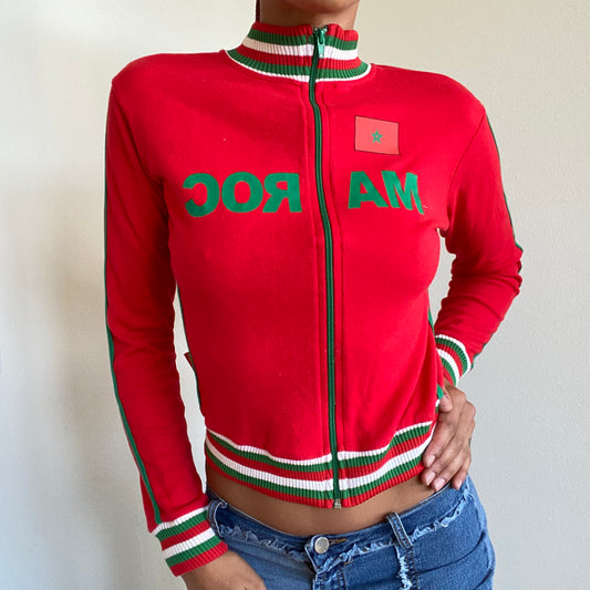 Vintage 90's Sporty Red "Maroc" Morocco Flag Zip Up Jumper (XS/S)