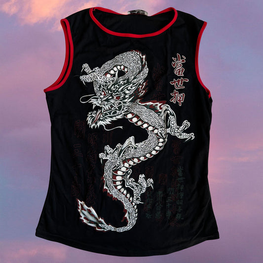 Vintage 90's Skater Black Tank Top with Dragon Graphic (M)