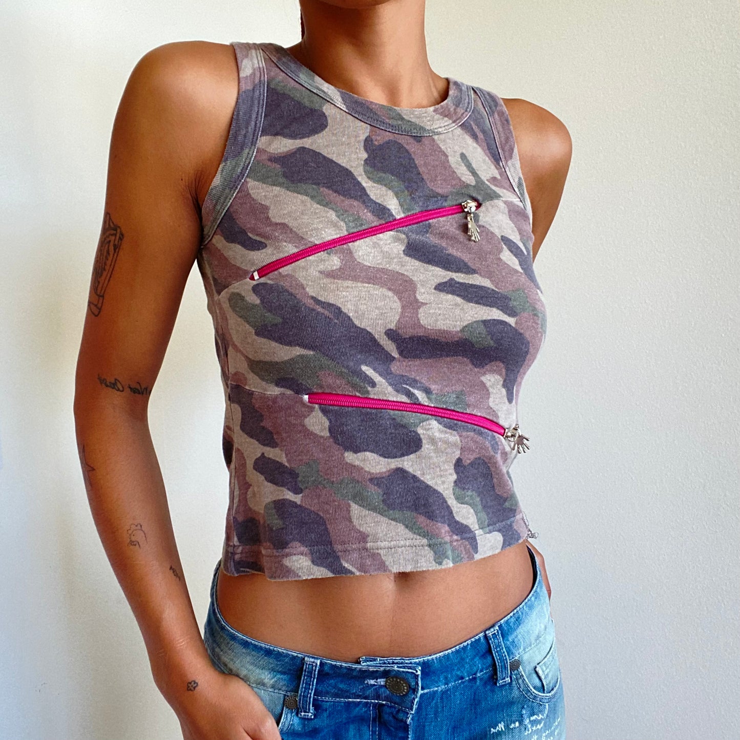 Vintage 90’s Punkyfish Rave Camo Top with Pink Cutout Zipper Detail (XS)