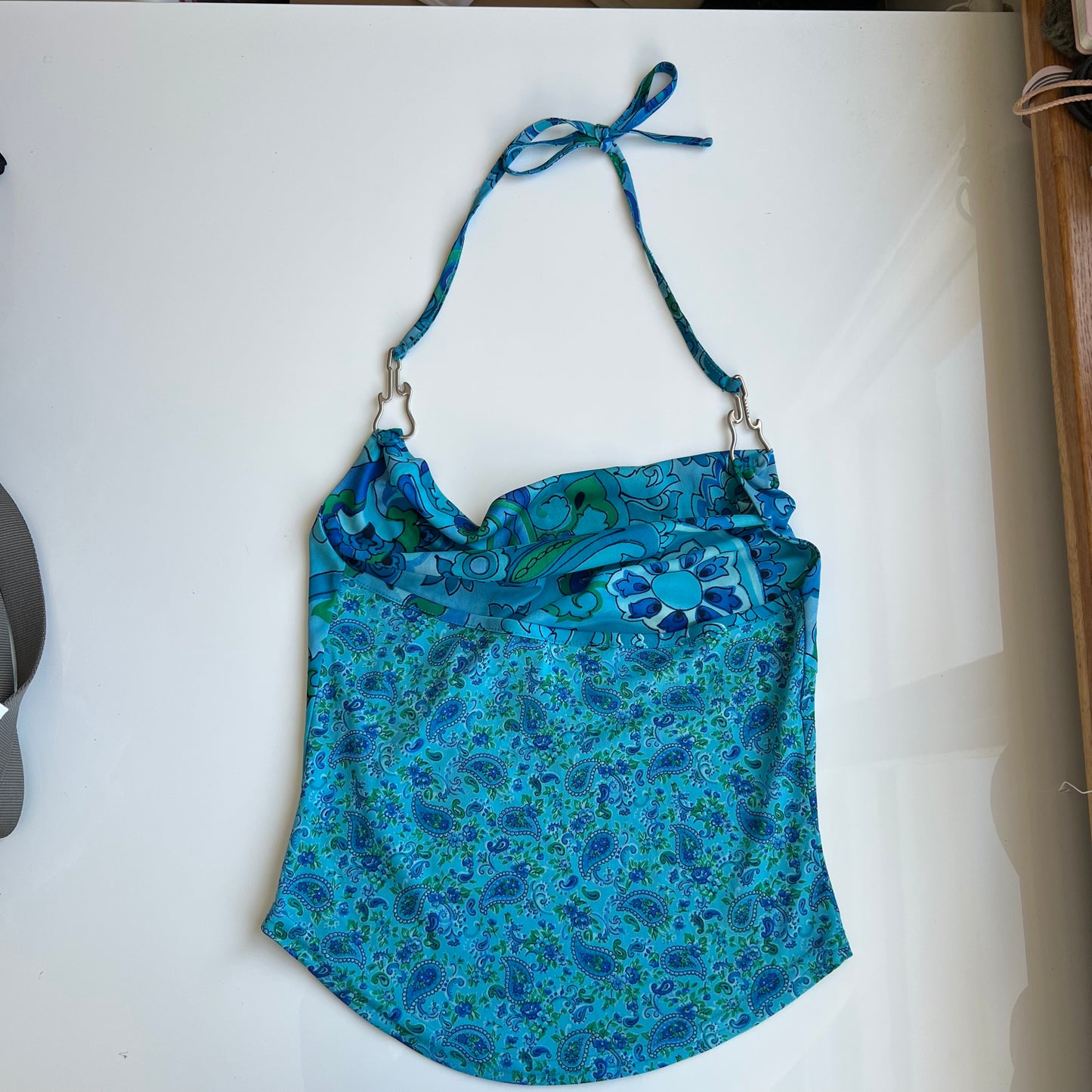 Vintage 90's Festival Morgan de Toi Blue Paisley Halter Top with Guitar Detail (S)