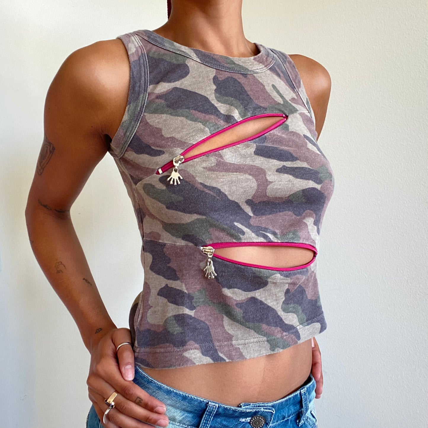 Vintage 90’s Punkyfish Rave Camo Top with Pink Cutout Zipper Detail (XS)