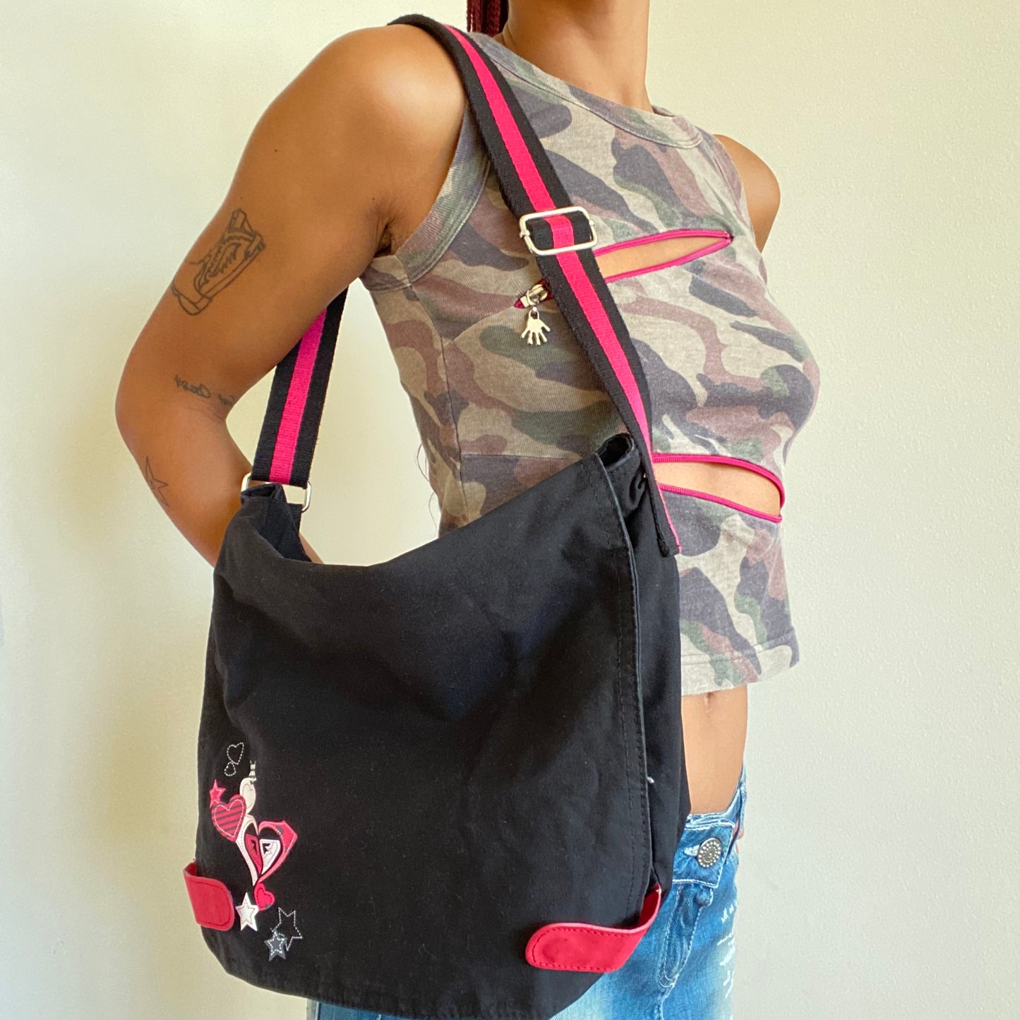 Vintage 90's Skater Black and Pink Messenger Cross Body Bag