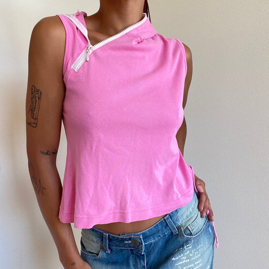 Vintage 90’s Rave Pink Sleeveless Hooded Top with Zipper (M)