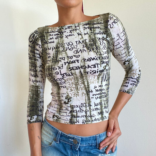 Vintage 90’s Funky Batik 3/4 Sleeve Top with Writing Print (S)