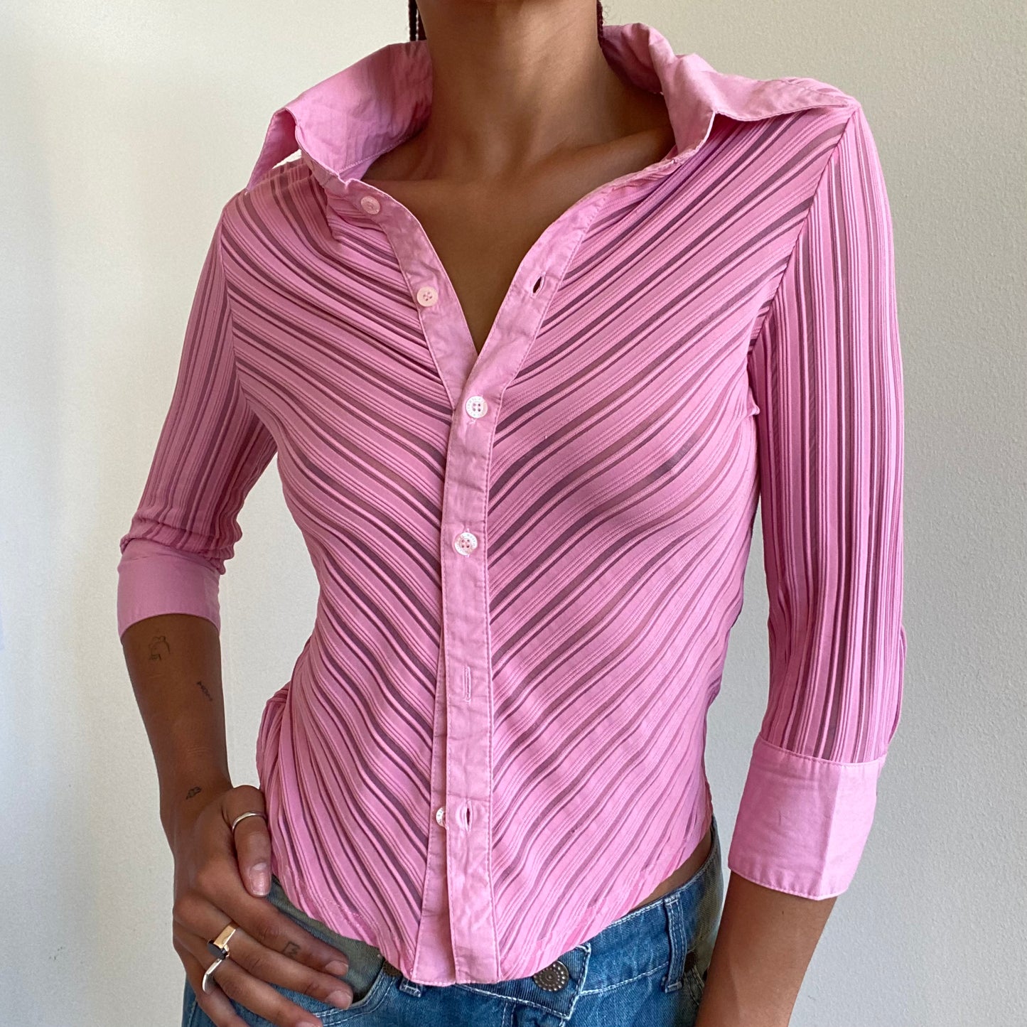 Vintage 90's Rachel Green Striped Mesh Pink Blouse (S)