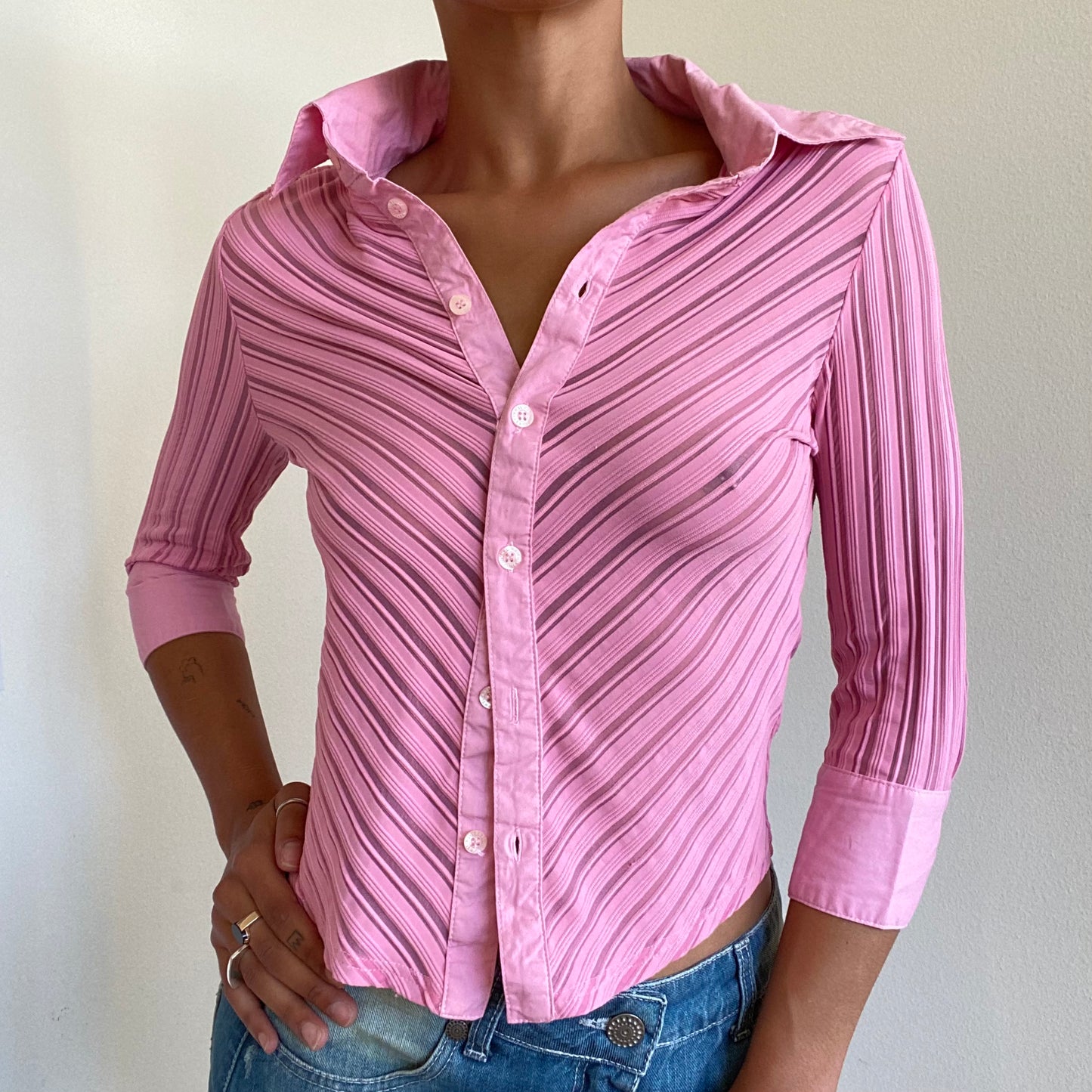 Vintage 90's Rachel Green Striped Mesh Pink Blouse (S)