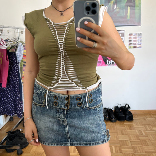 Vintage 90's Grunge Khaki and White Slit Top (M)