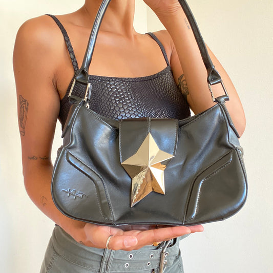 Vintage 90's Archive Mugler Black Leather Shoulder Bag