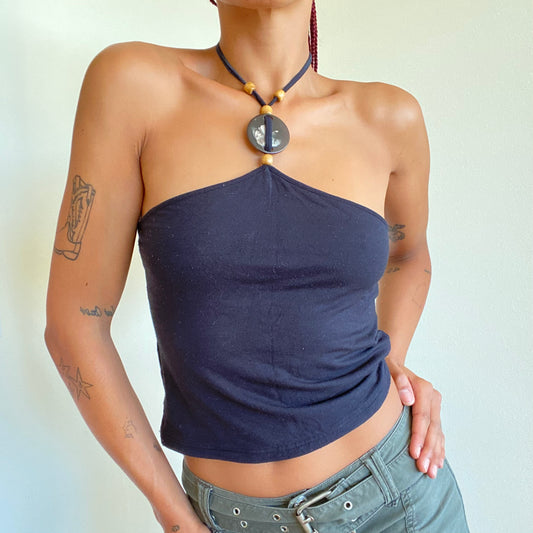 Vintage 90's Bella Hadid Black Neckholder Top With Wooden Detail (S/M)