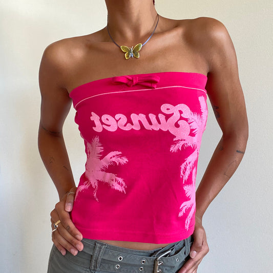 Vintage 90’s Summer Pink Tube Top with "Sunset" Print (S)