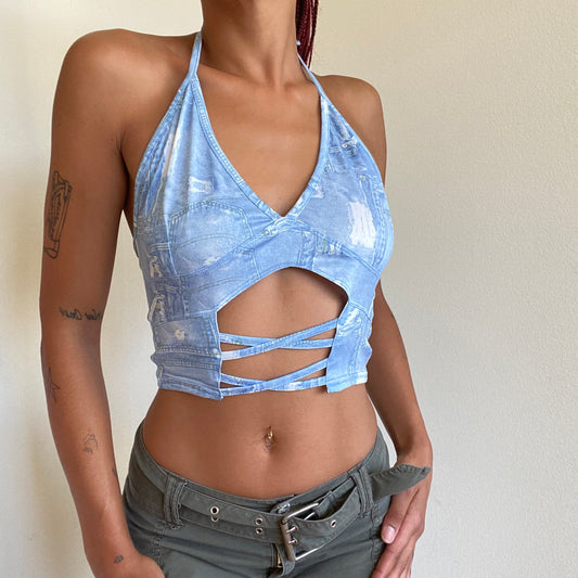 Vintage 90’s Rave Cut Out Halter Neck Top with Jeans Print (S)