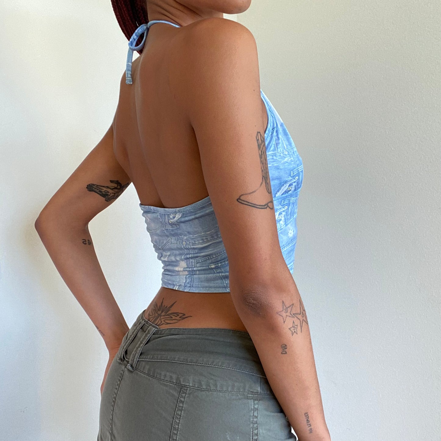 Vintage 90’s Rave Cut Out Halter Neck Top with Jeans Print (S)