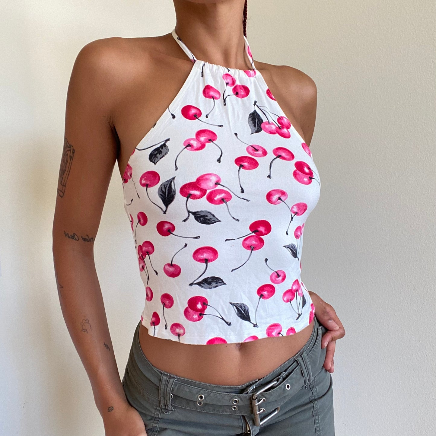 Vintage 90’s Funky White Cherry Print Halter Neck Top (S/M)