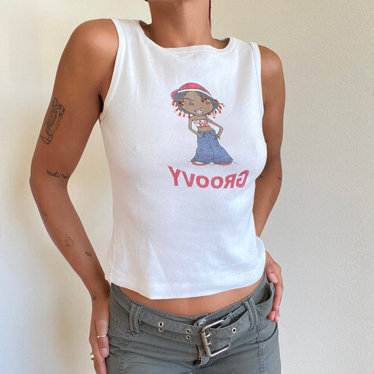 Vintage 90's Skater White Tank Top with "Groovy" Girl Graphic (S/M)