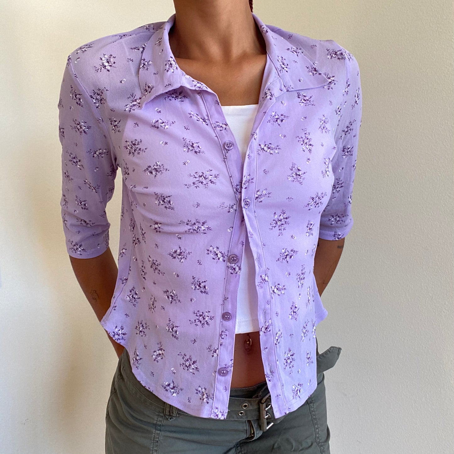 Vintage 90's Fairy Lavender Floral Mesh Button Up Blouse (S/M)