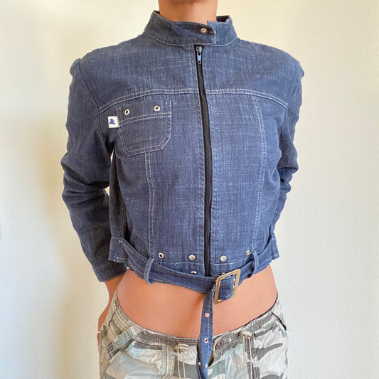 Vintage 90's Archive Denim Motor Cycle Jacket With Waist Belt (S/M)