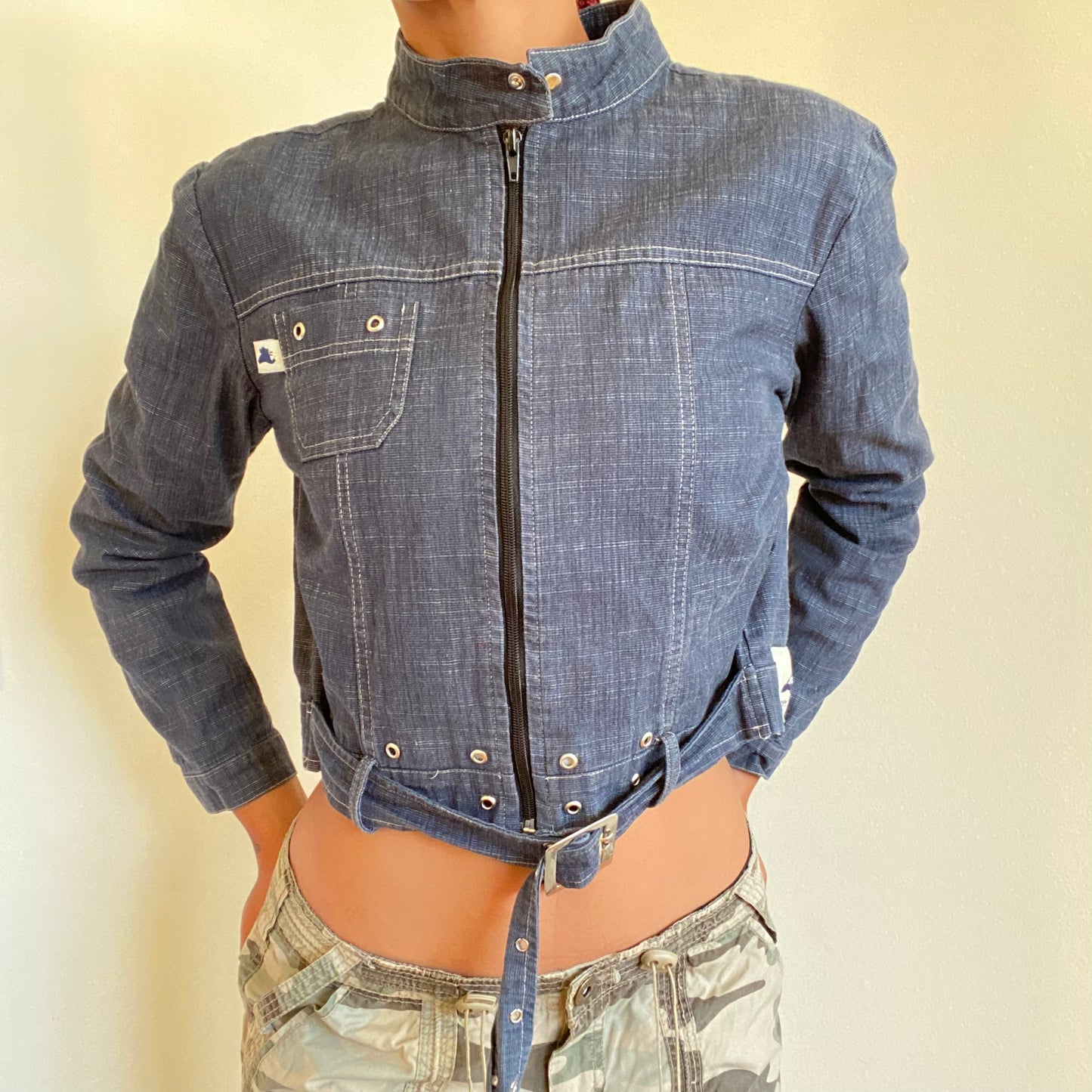 Vintage 90's Archive Denim Motor Cycle Jacket With Waist Belt (S/M)