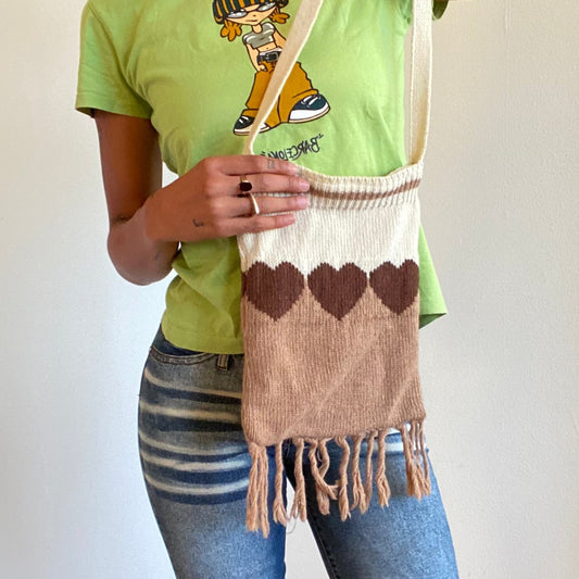 Vintage 90's Indie Beige Knit Crossbody Bag with Hearts and Fringe