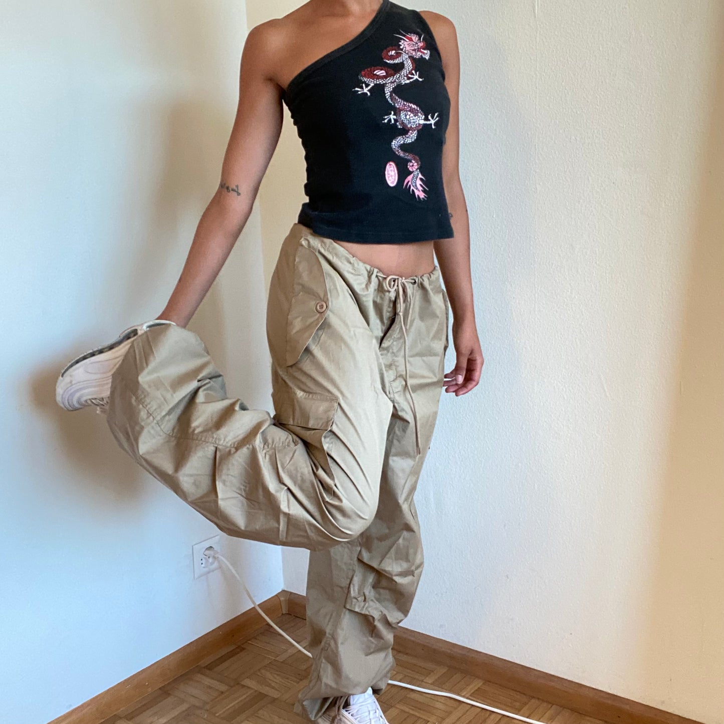 Vintage 90's Archive Baggy Parachute Beige Cargo Pants (S-L)