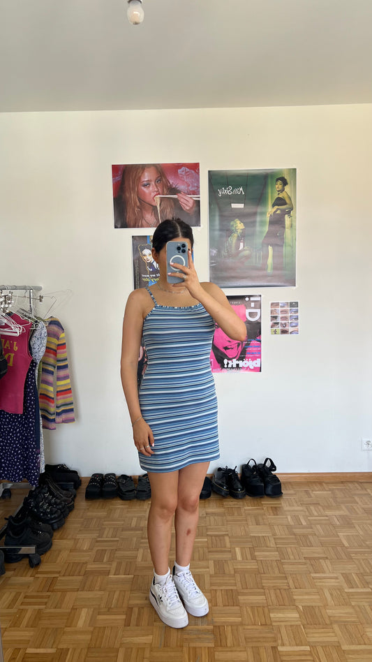 Vintage 90's Summer Sporty Blue Striped High Neck Mini Dress (S)