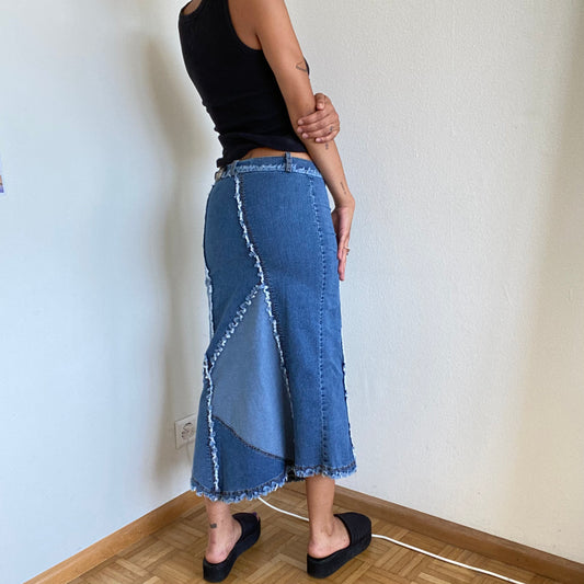 Vintage 90's Hippie Patchwork Denim Maxi Skirt (XS/S)