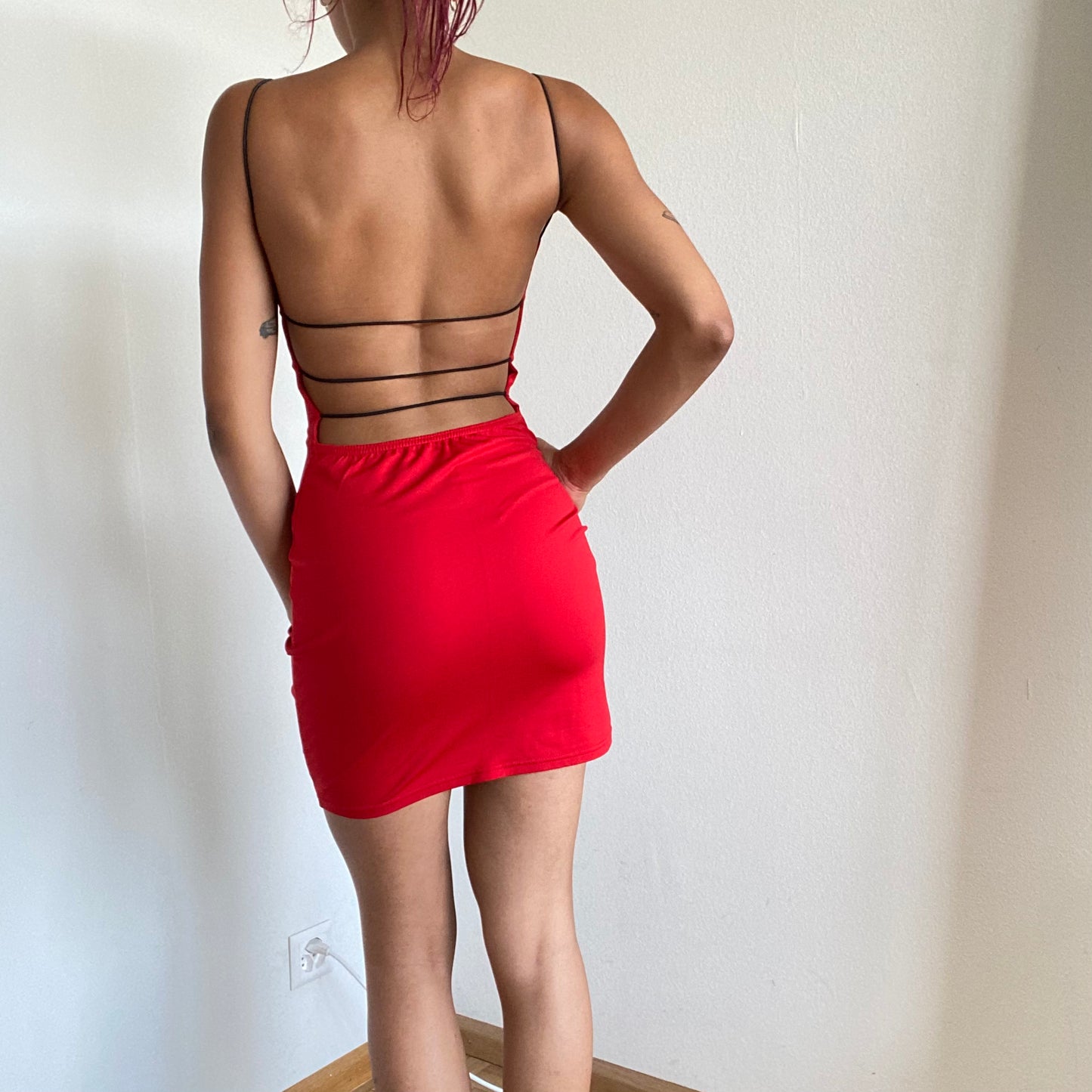 Vintage 90's Clubwear Red Backless Bodycon Dress (S)