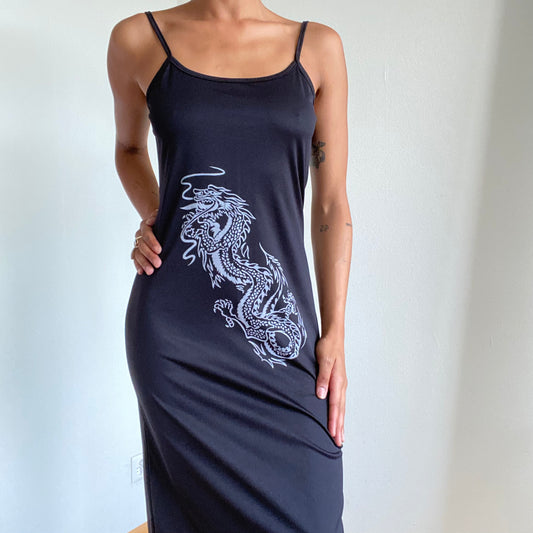 Vintage 90’s Whimsigoth Black Dragon Print Maxi Dress (M)