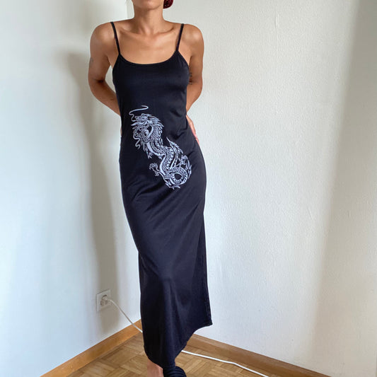 Vintage 90’s Whimsigoth Black Dragon Print Maxi Dress (M)