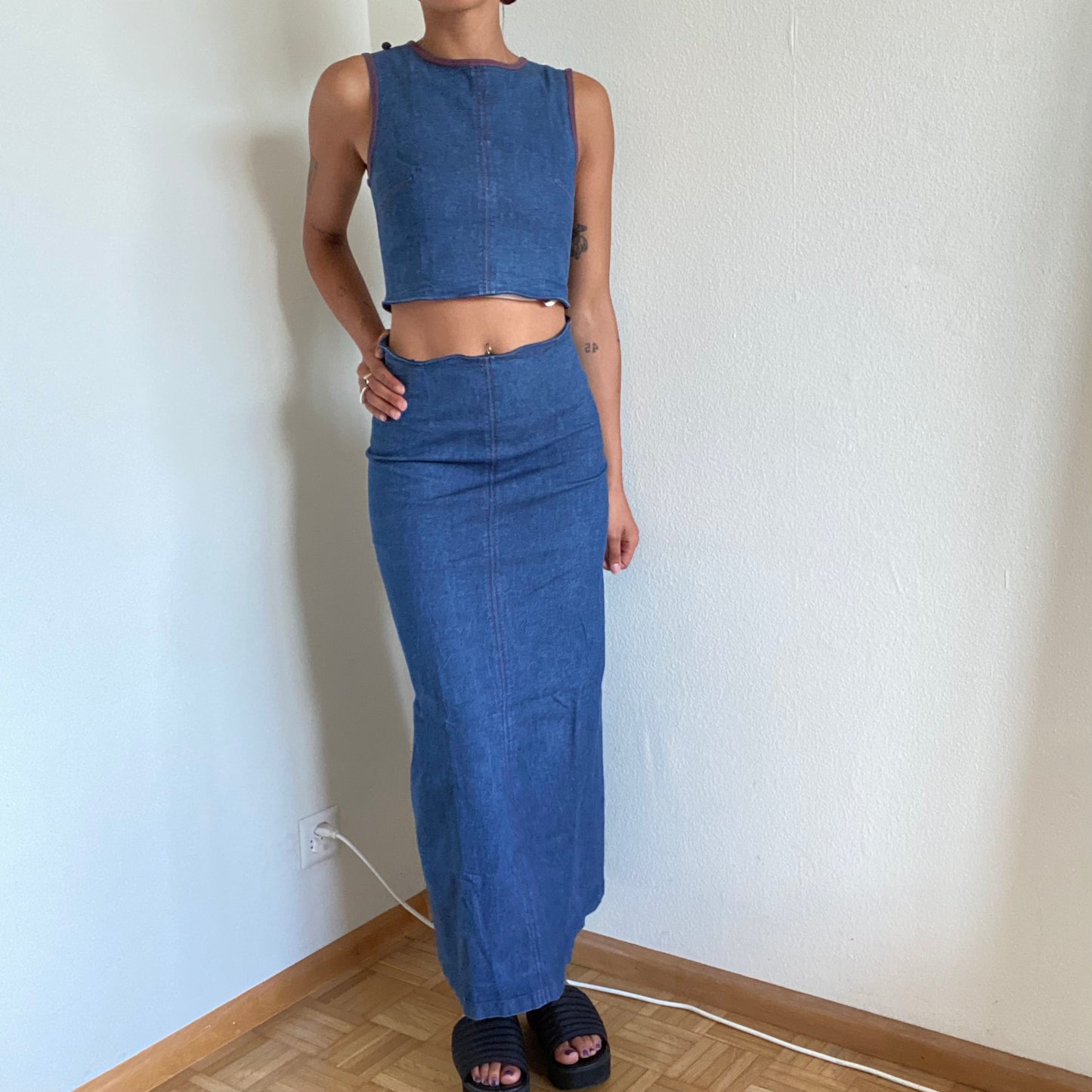 Vintage 90's Archive Cop Copine Grey Denim Maxi Zip-Off Dress (M)