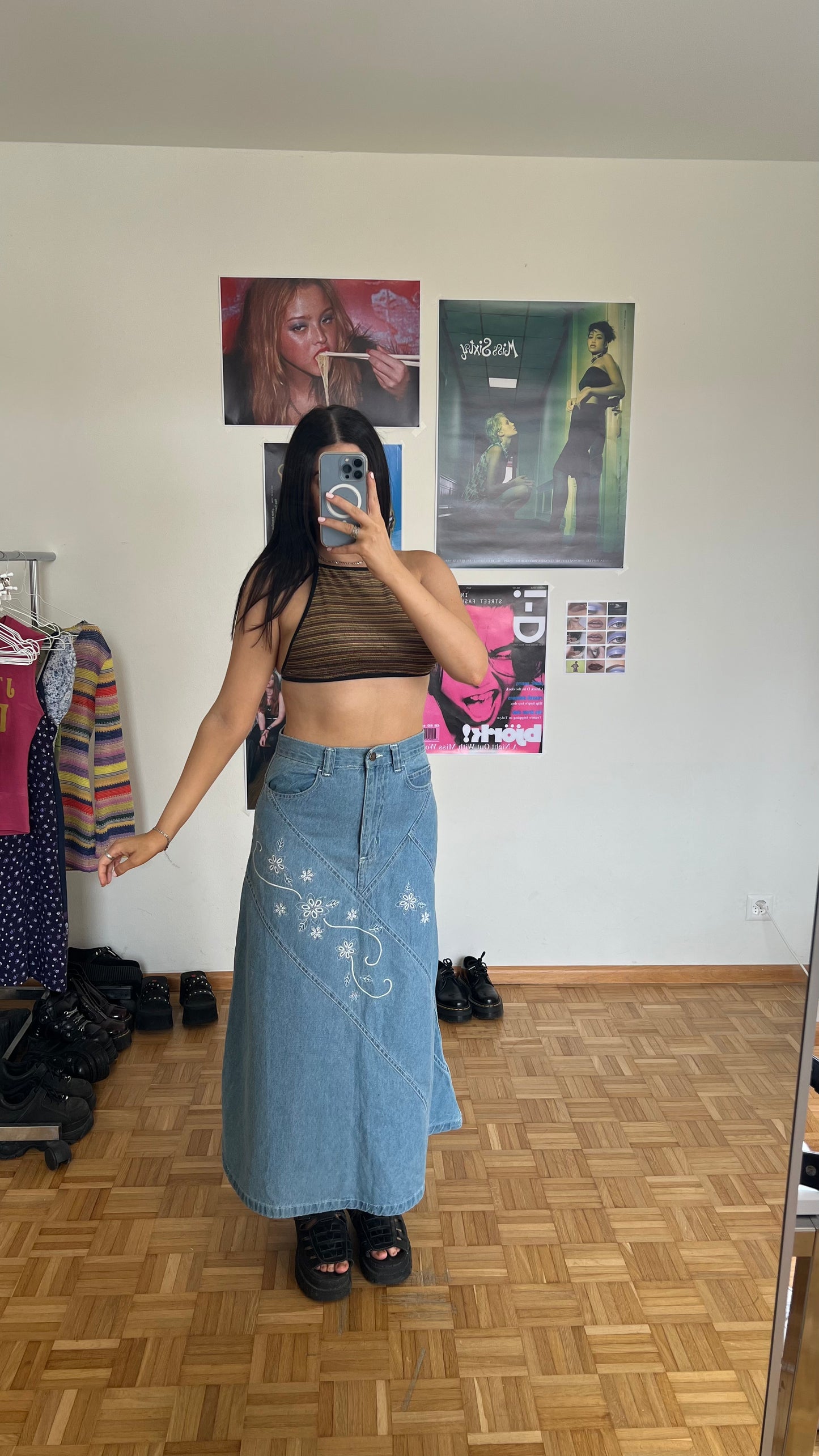 Vintage 90's Indie Hippie Light Blue Denim Maxi Skirt with Flower Embroidery (S)