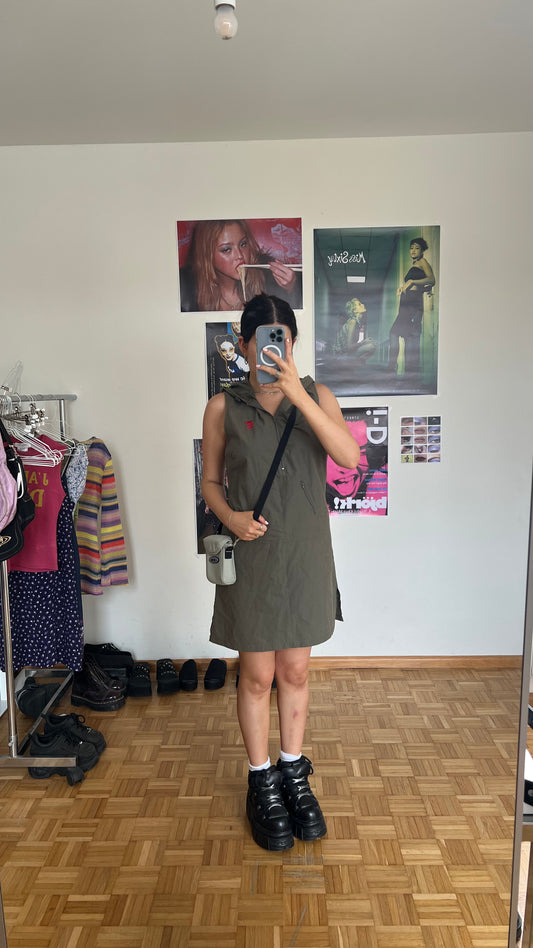 Vintage 90's Techwear Hooded Khaki Cargo Mini Dress (M)