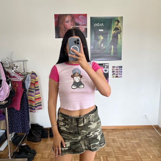 Vintage 90's Skater Pink Baby Tee with Skater Girl Graphic (XS/S)