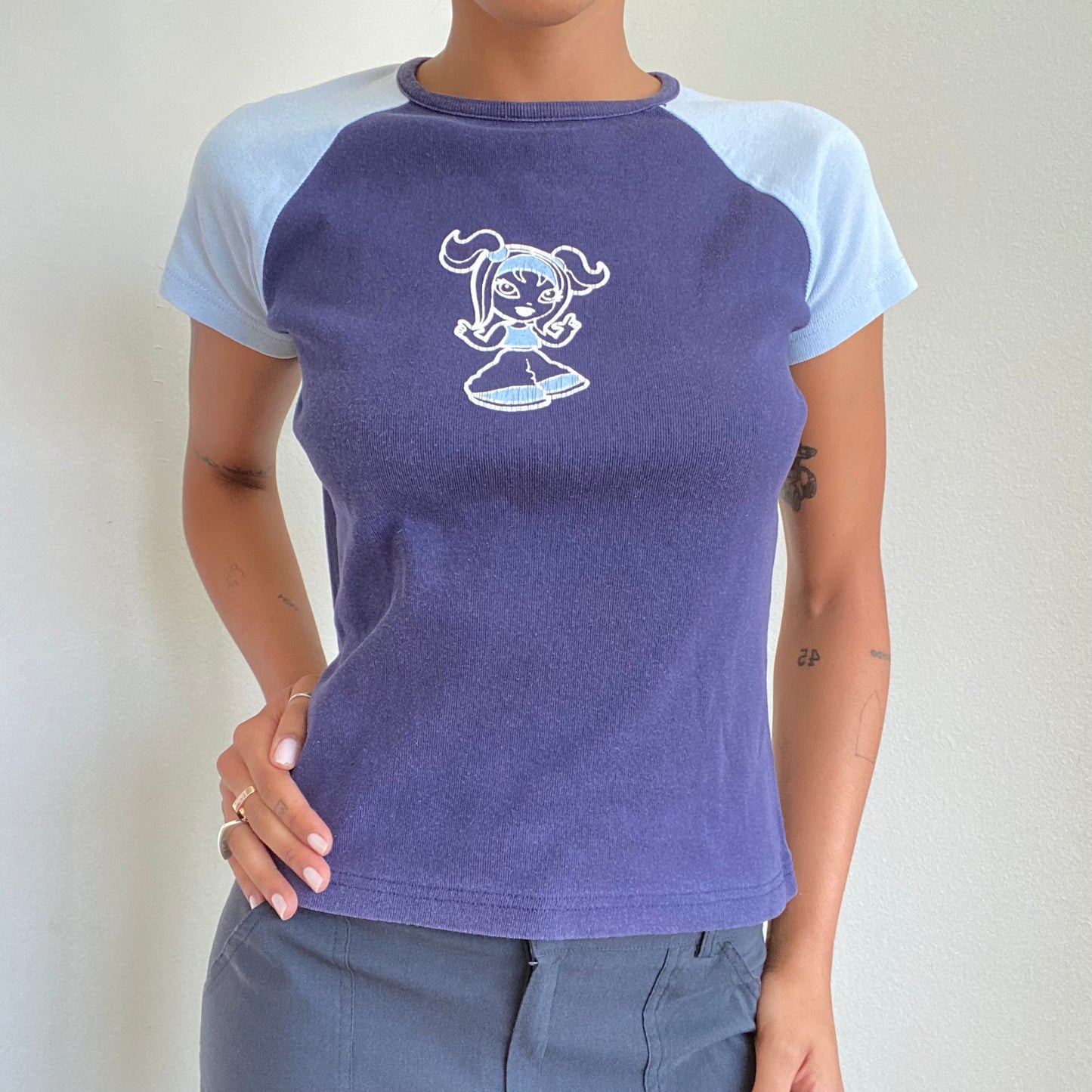 Vintage 90’s Skater Blue Raglan Shirt with Girl Graphic (S/M)