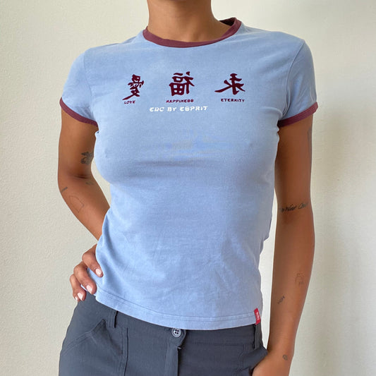 Vintage 90’s Skater Blue Baby Tee with Chinese Writing Print (S)