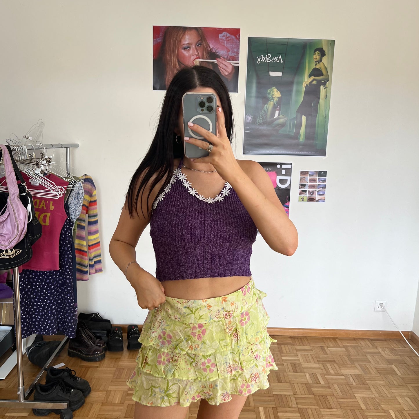 Vintage 90's Boho Fairy Green Floral Ruffle Mini Skirt (S)