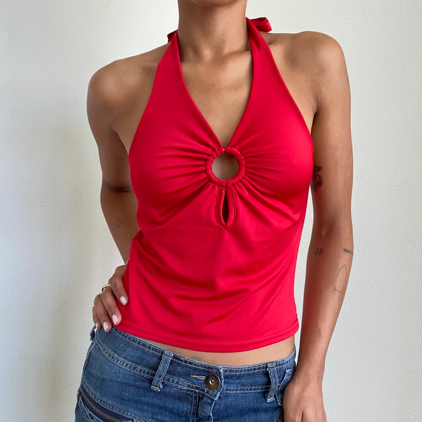 Vintage 90’s Clubwear Red Halter Neck Top with O-Ring Detaul (S/M)