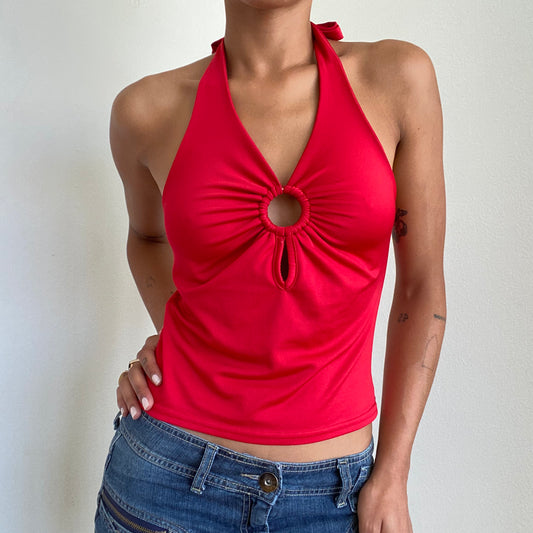 Vintage 90’s Clubwear Red Halter Neck Top with O-Ring Detaul (S/M)