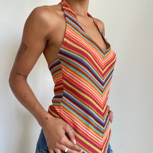 Vintage 90’s Hippie Rainbow Striped Halter Neck Top (M)