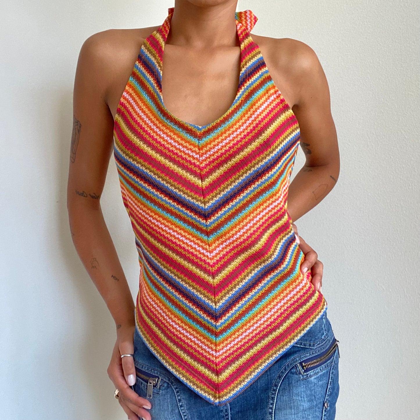 Vintage 90’s Hippie Rainbow Striped Halter Neck Top (M)