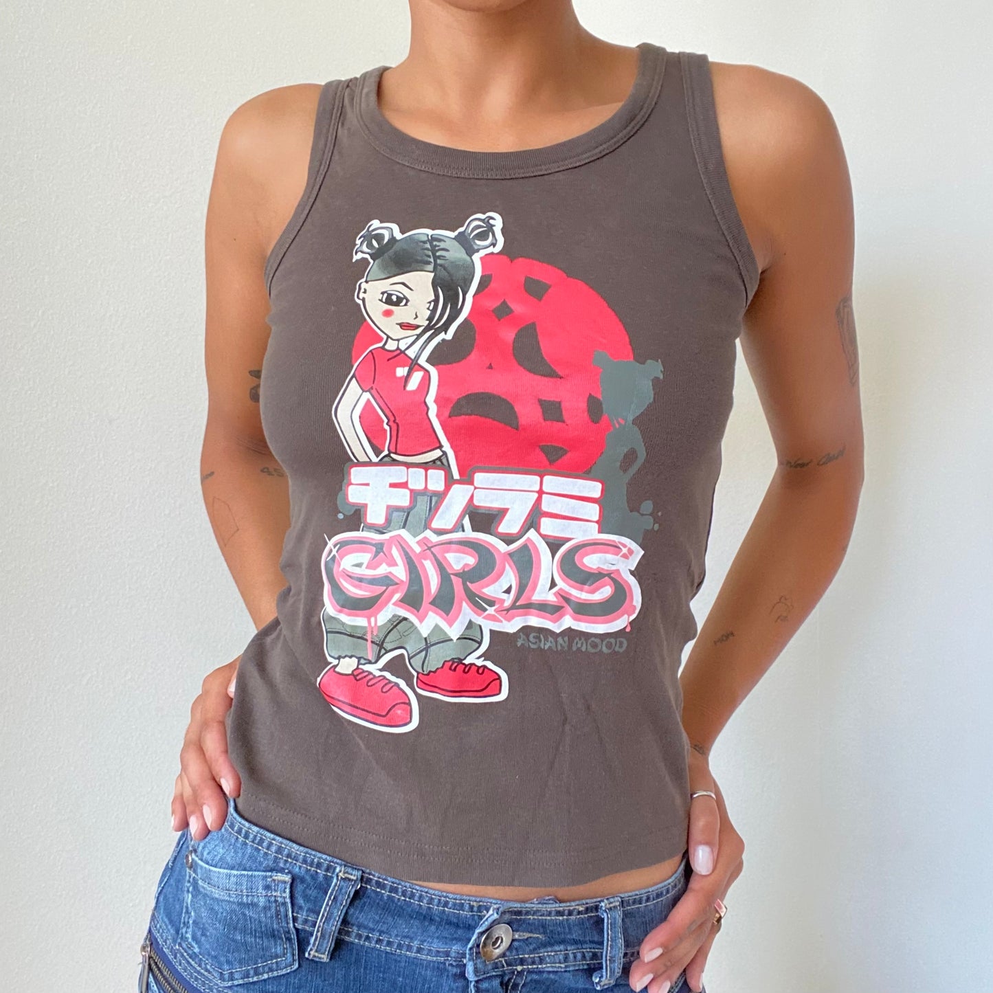 Vintage 90’s Skater Brown Tank Top With Girl Graphic (S)