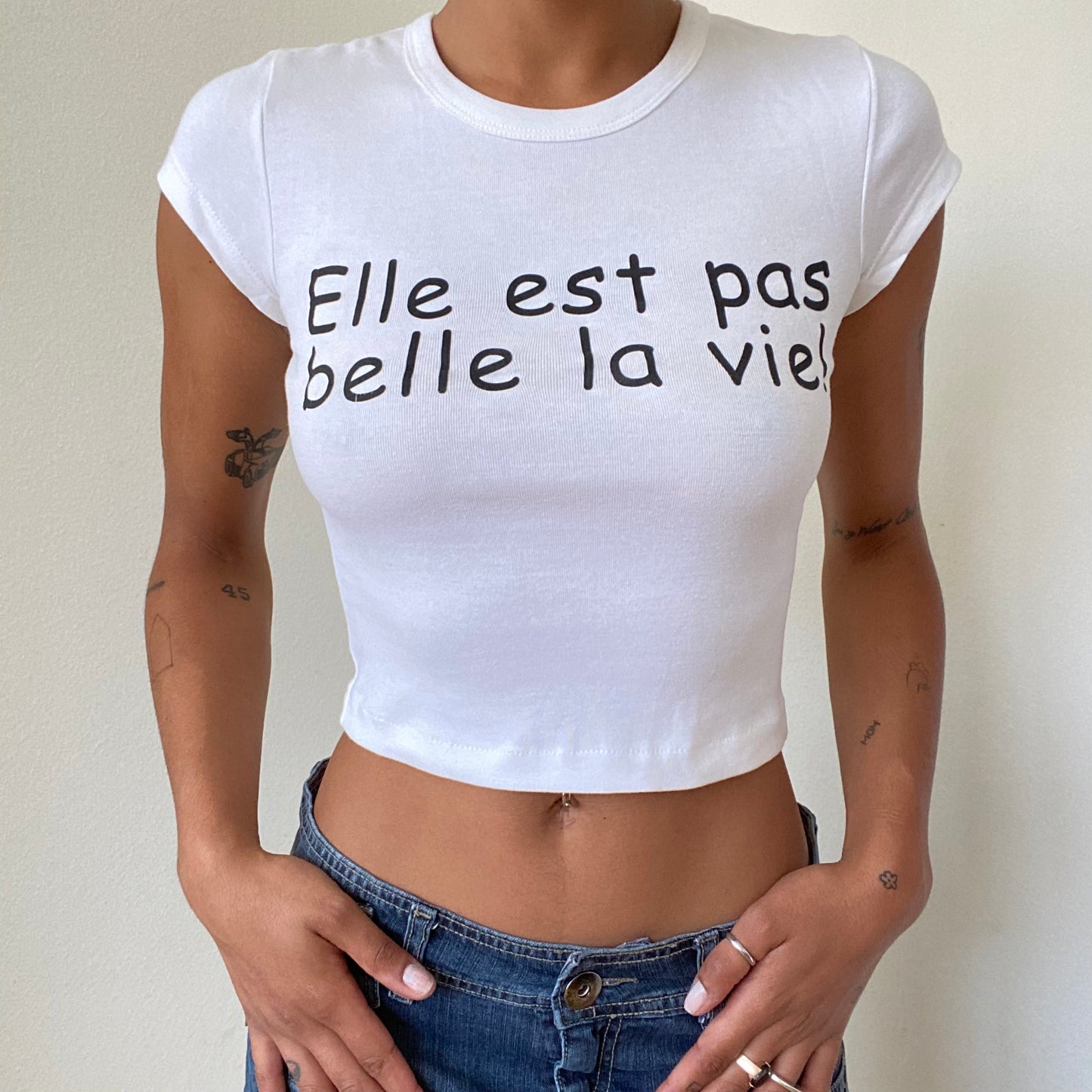 Vintage 90’s Skater White Baby Tee with French Writing (S)