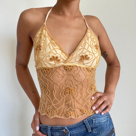 Vintage 90’s Festival Gold Beaded Backless Halter Top (S/M)
