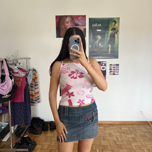 Vintage 90's Summer Hibiscus and Text Print Pink and White High Neck Top (S)