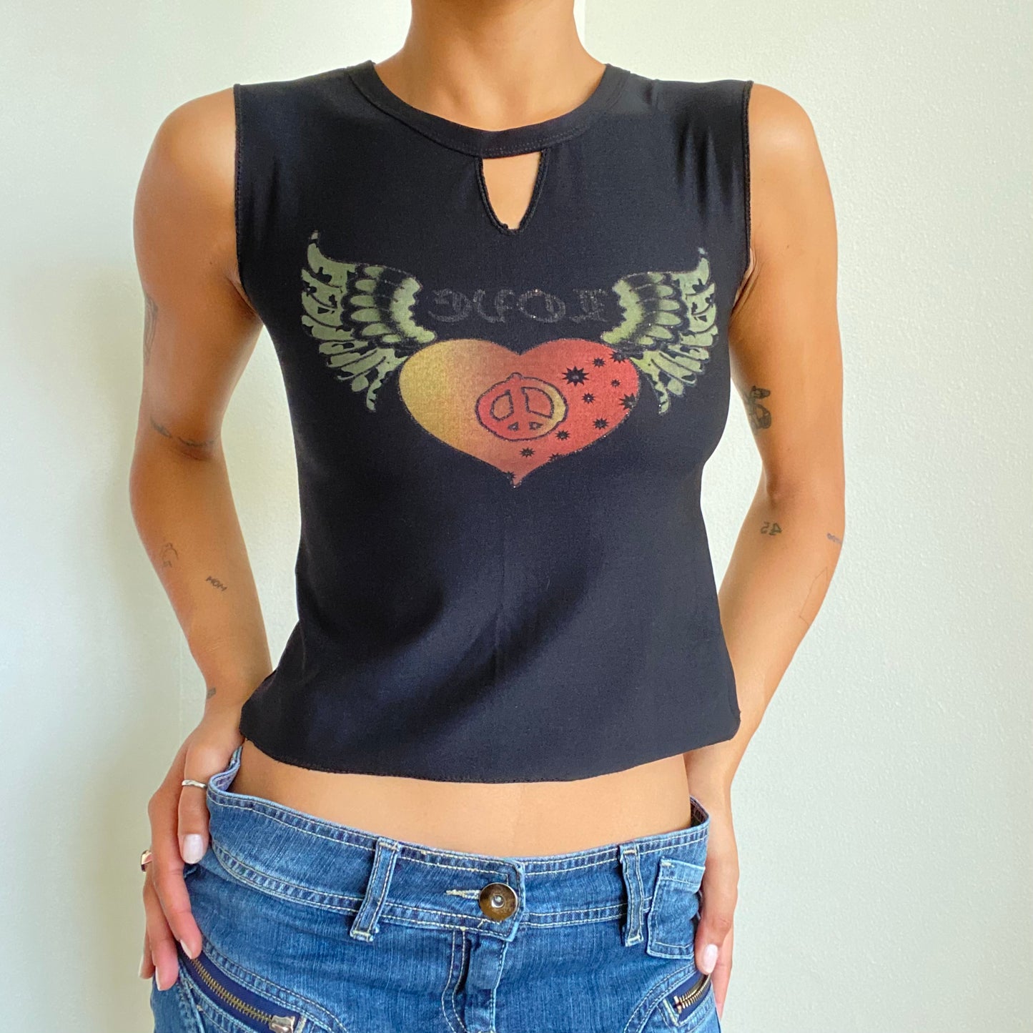 Vintage 90’s Rockstar Black Tank Top With Tattoo Heart Graphic (S/M)