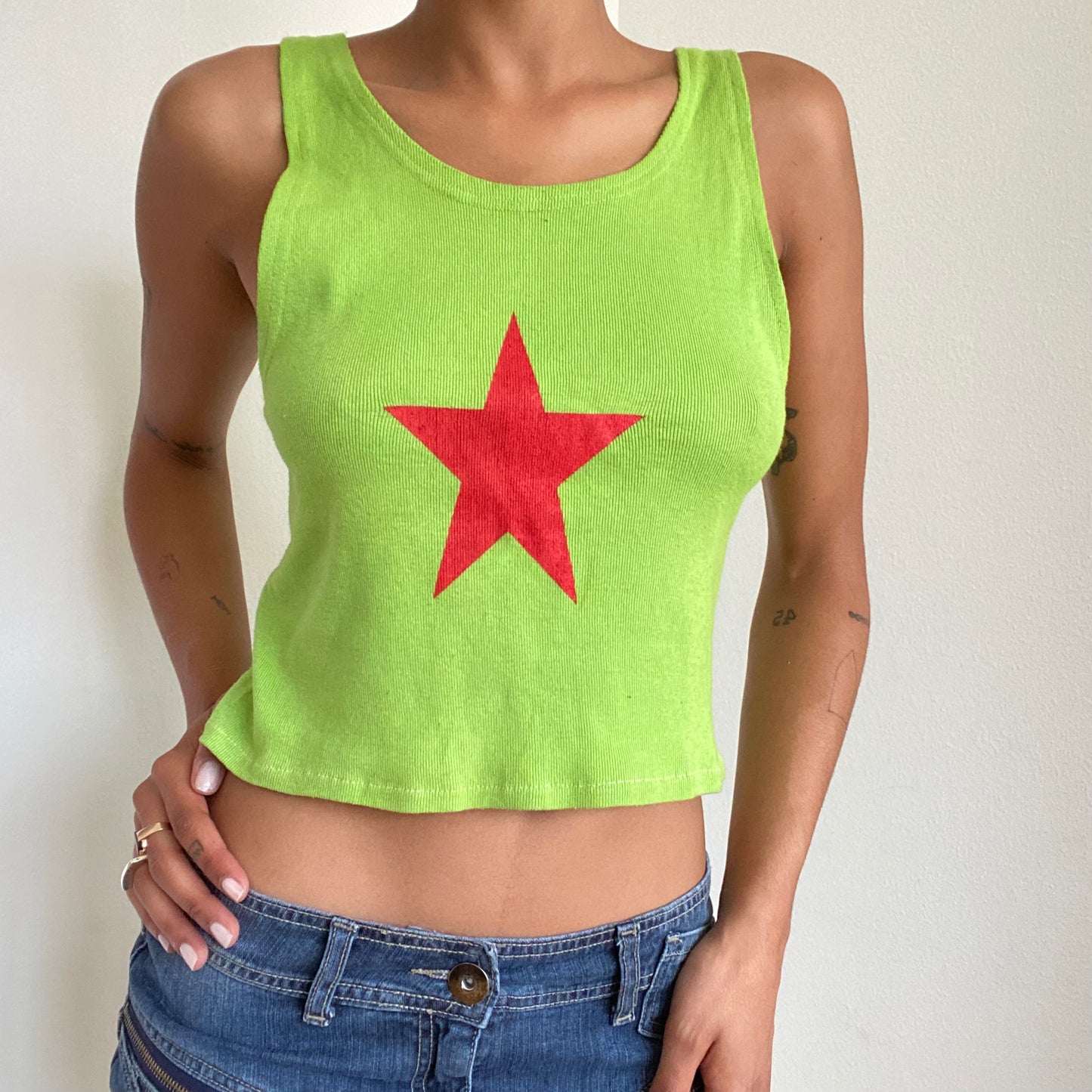 Vintage 90’s Funky Lime Green Knit Tank Top With Red Star (S)